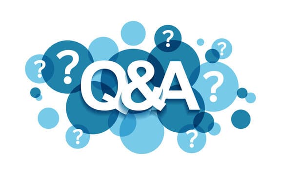 Q&A graphic with various shades of blue circles and question marks, representing a discussion or interview about CEO coaching in Silicon Valley.