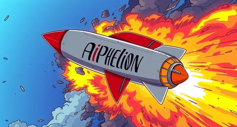 An animated illustration shows a gray and red rocket, labeled "AiPHELION" on its side, launching into a blue sky. Behind the rocket, a large orange and yellow explosion with black smoke signifies its powerful takeoff, representing the launch of an AI Intellectual Property Consulting firm.