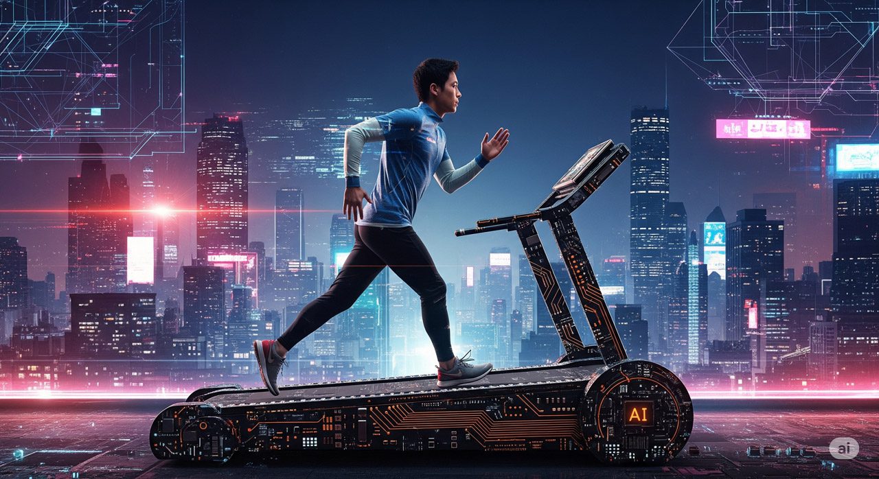 A man runs on a high-tech treadmill with glowing circuits, set against a futuristic cityscape at night. The treadmill itself features an "AI" logo.