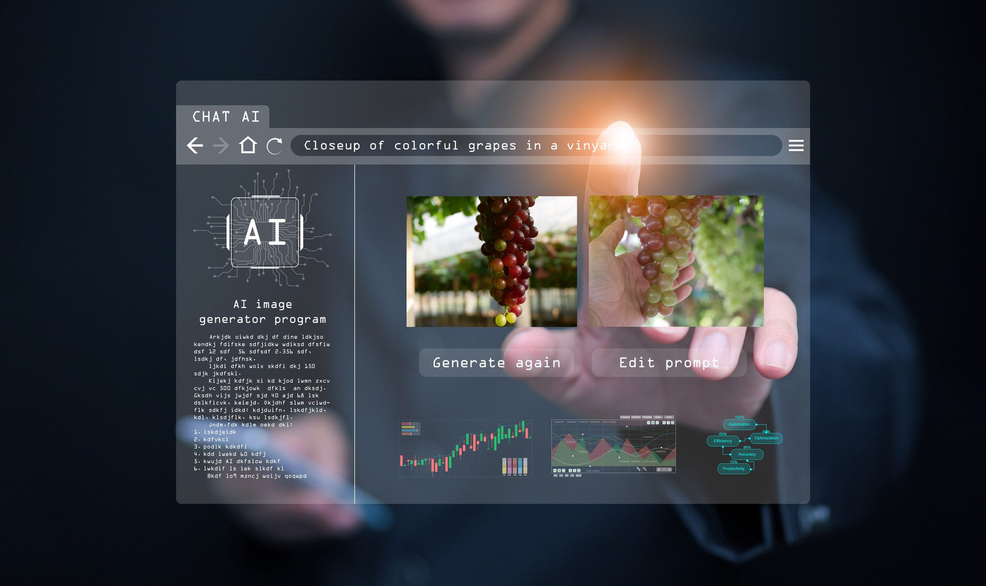 A close-up shot of a hand interacting with a holographic interface displaying an "AI image generator program." The interface shows two generated images of grapes on a vine, alongside prompts and code, illustrating a concept related to AI Copyright Law.