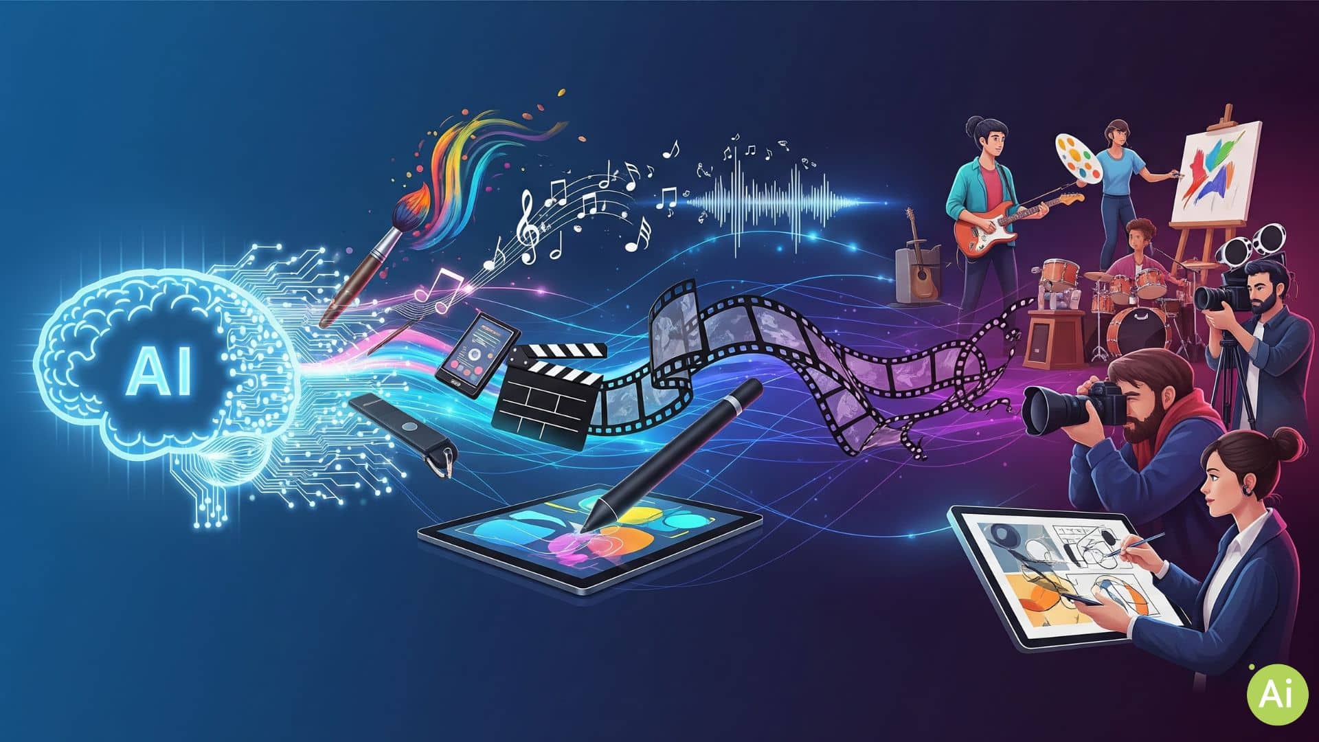 Digital illustration showing an AI-powered brain connected to creative tools such as a paintbrush, music notes, film reels, tablets, and photographers, representing the impact of AI on art, music, design, and media — ideal for use in an intellectual property consultancy context focusing on AI-generated content.
