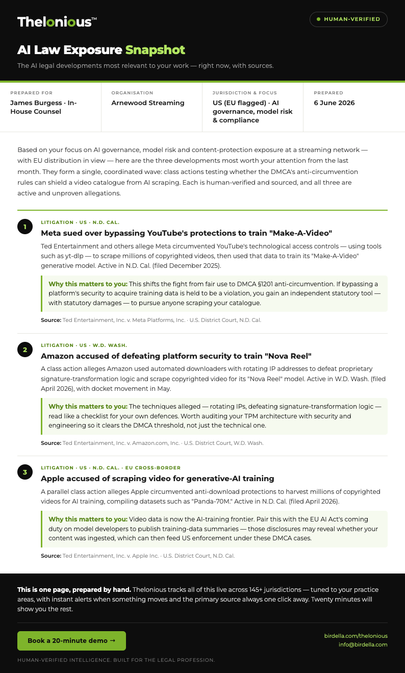 Example Thelonious Snapshot prepared for in-house financial services counsel