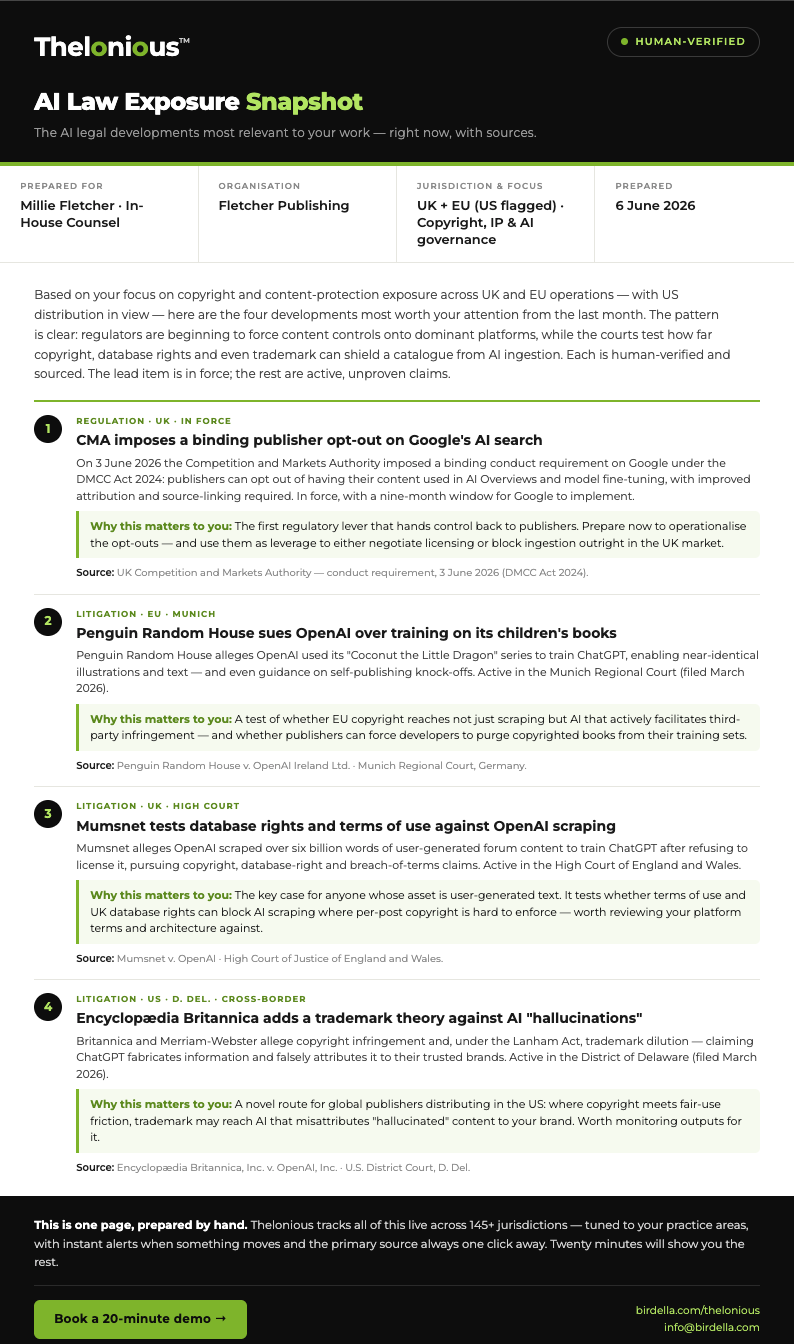 Example AI Law Exposure Snapshot — a personalised one-page legal intelligence brief
