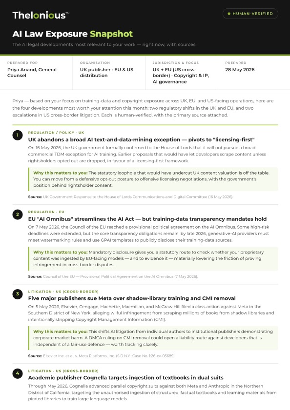 Example Thelonious AI Law Exposure Snapshot — a one-page, human-verified brief of the AI legal developments most relevant to a legal team