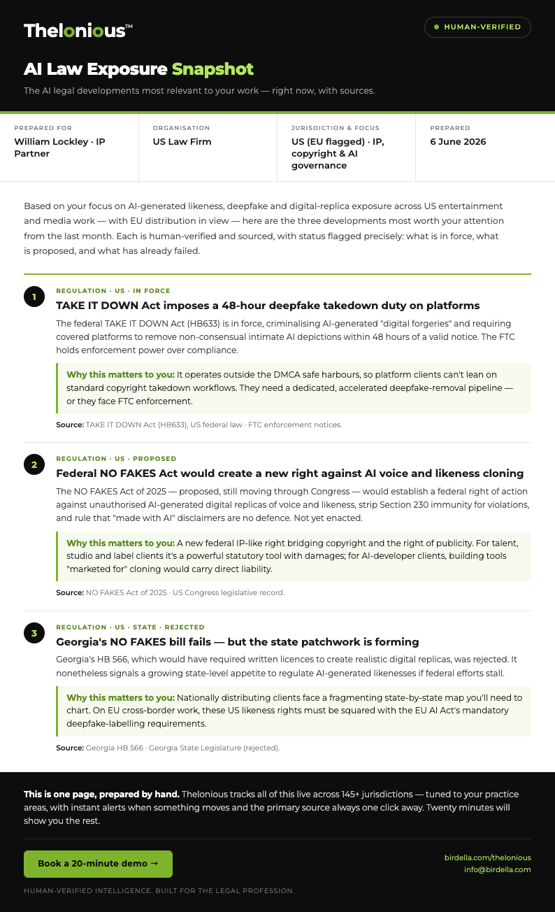 Example Thelonious Snapshot prepared for an IP and technology law firm partner