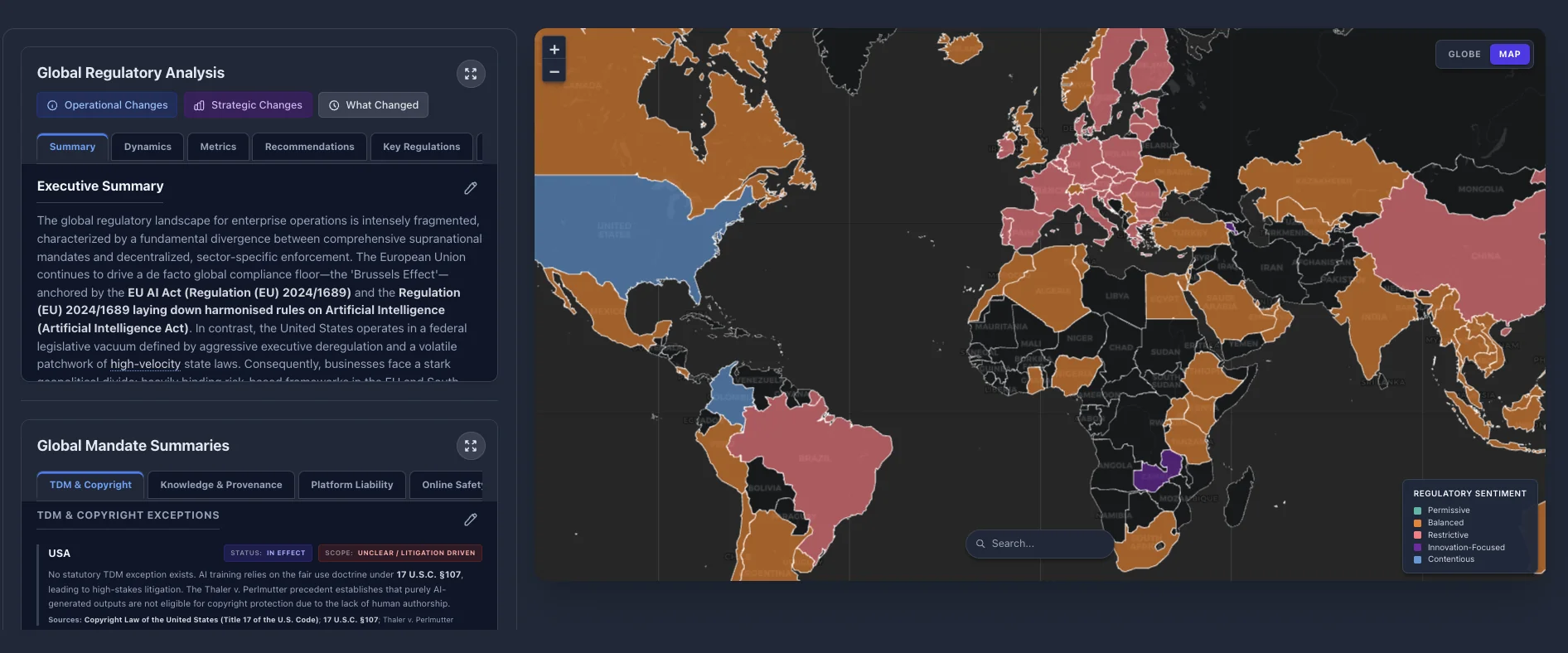 Thelonious Regulatory Landscape — global regulatory analysis with sentiment mapping across jurisdictions