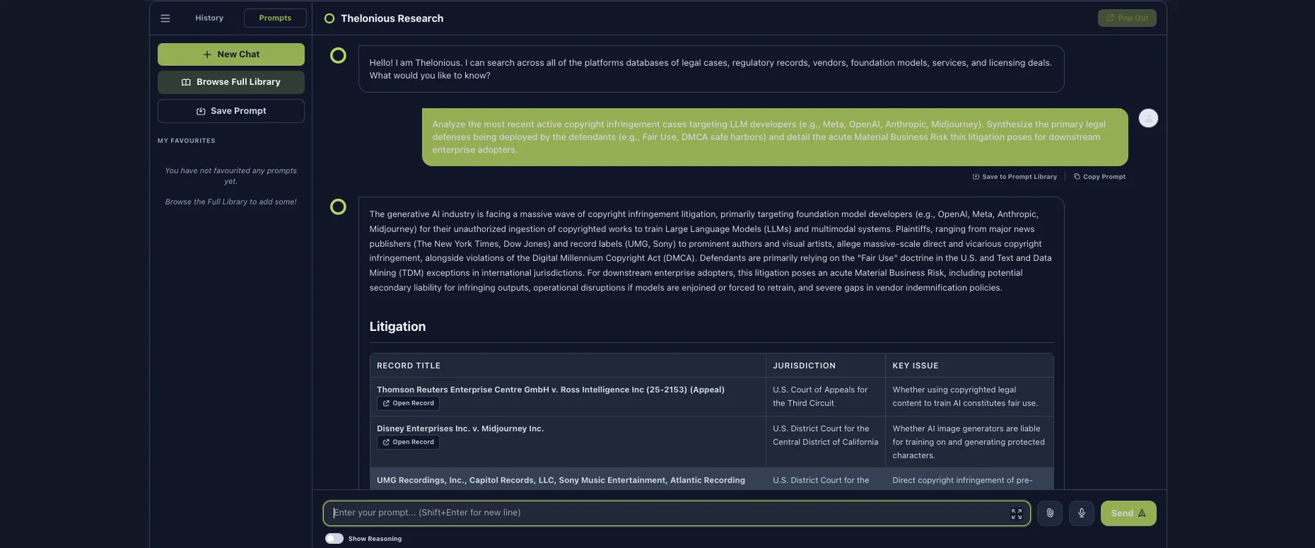 Thelonious Research — AI legal analyst returning a structured, sourced answer