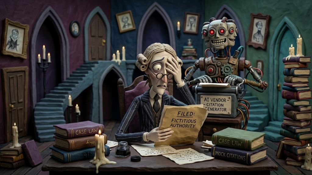 Claymation-style illustration of a stressed lawyer looking at fake legal citations generated by a robot; AI-generated image.